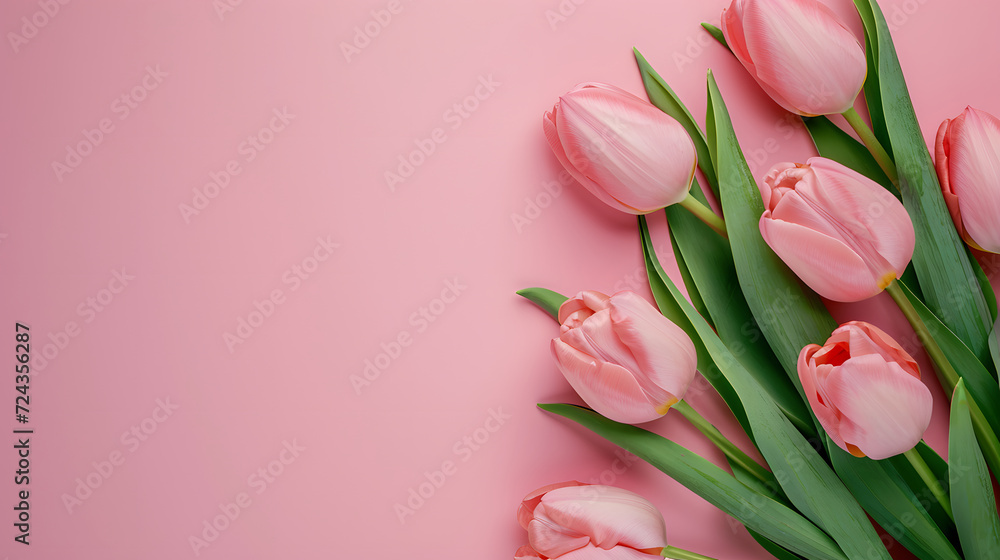 Pink Tulips on soft pink background, Copy space, Top view. flat lay style.