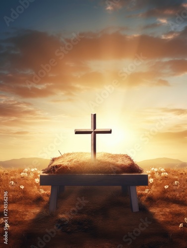 Easter Sunday concept: Tomb empty with cross on sunset background, copy space - generative ai