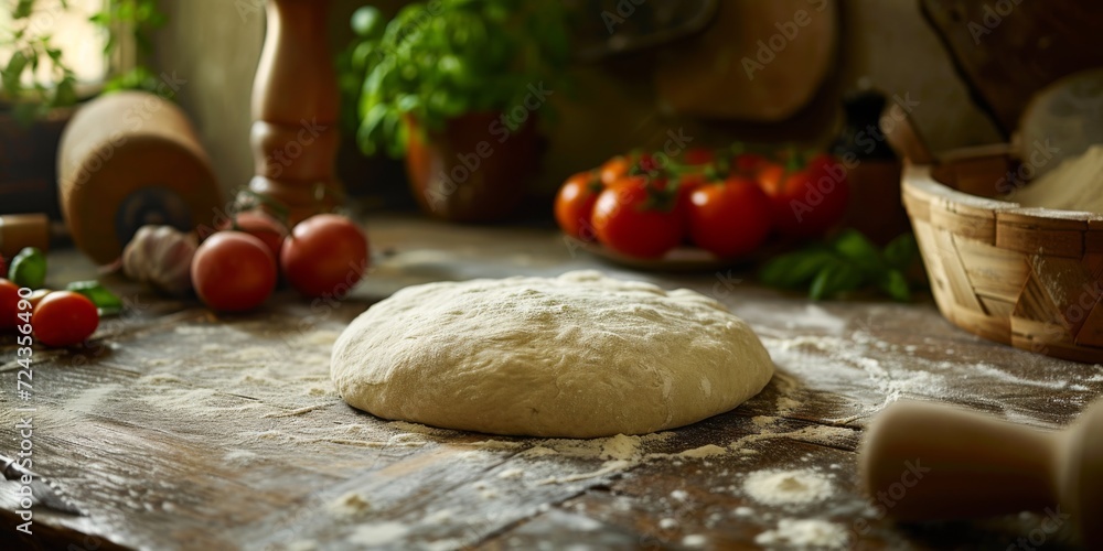Dough on wooden board with tomatoes and herbs in background Dough on wooden board with tomatoes and herbs in background