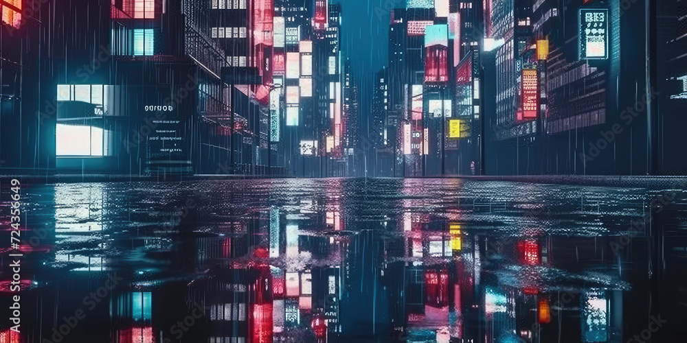 Obraz premium 3d modern buildings in capital city with neon light reflection from puddles on street. Concept for night life, never sleep business district center , night cyberpunk city