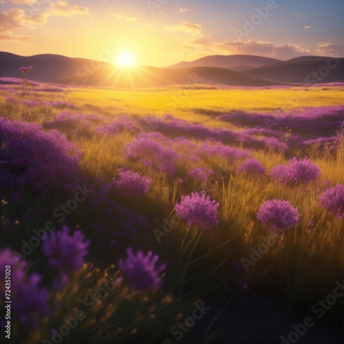 beautiful grasslands, with purple colored flowers here and there. with the sun shining during golden hours for a magical