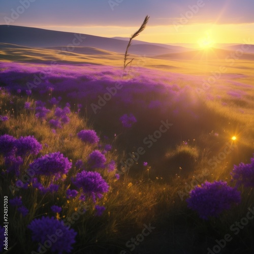 beautiful grasslands, with purple colored flowers here and there. with the sun shining during golden hours for a magical