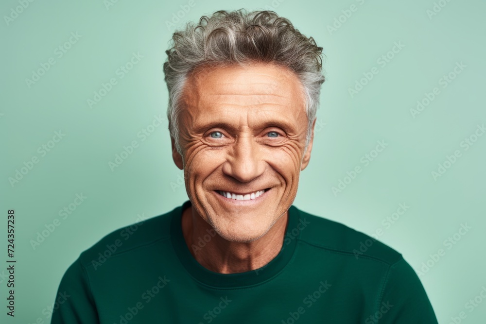Portrait of a happy senior man looking at camera and smiling while standing against green background Portrait of a happy senior man looking at camera and smiling while standing against green background