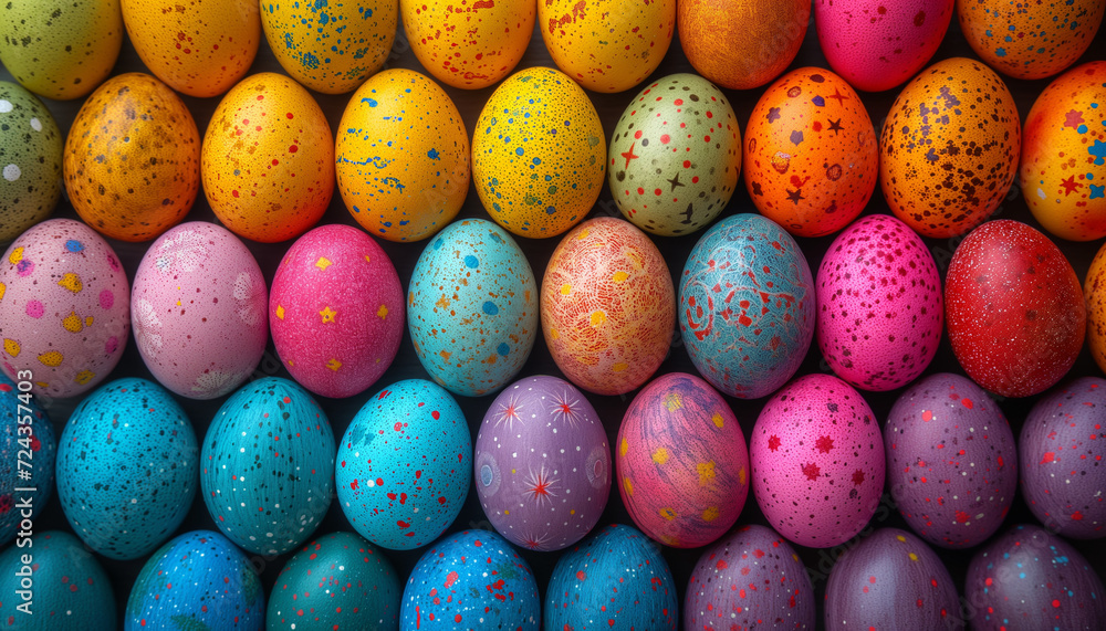 Colorful Easter eggs in vibrant spring among flowers placed on a moss covered forest floor, with daisies and soft light.