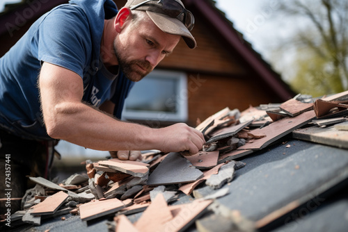 fresh and pure human with main focus is on a roof that has been damaged by hail, highlighting impact on shingles, strength of structure, and importance of roofing in safeguarding homes from elements