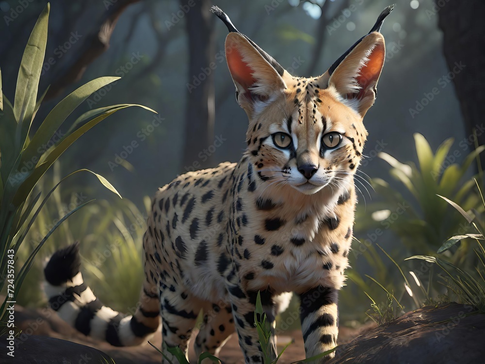 Naklejka premium Serval cat in its natural habitat. Generative AI.