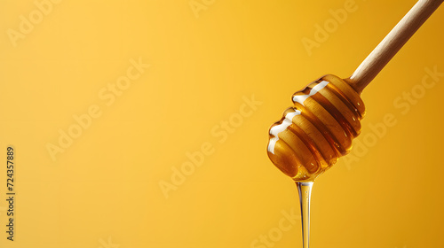 Honey dripping from honey dipper, isolated on yellow background. front view. copy space. mock up. front view.