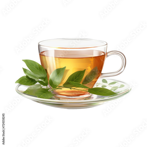 A cup of tea with leaves on a saucer on transparent background.