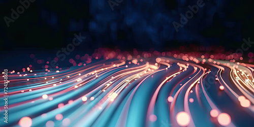 3d  abstract fast moving lines. High speed motion blur.  curved blue and red light path trail with bokeh blur effect. , The concept of technology and information data transfer. Abstract digital  photo