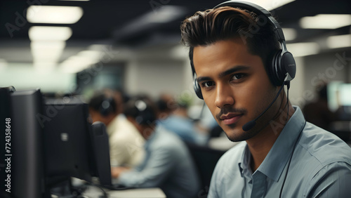 Dedicated male call center operator wearing headset working on computer in call center office.isolated on office background. 