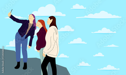girls taking photos with cell phones, friends meeting with selfies outdoors, vector illustration
