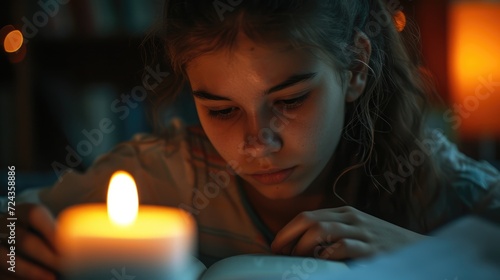 A teenage girl studying by the light of a flickering candle her determination to succeed despite her circumstances evident in her focused expression.