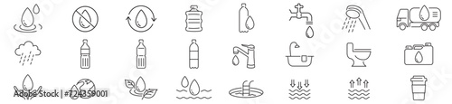 Water, Plastic Bottle, Mineral water, Real estate, Shower, Editable stroke liner icon set collection vector illustration
