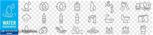 Water, Plastic Bottle, Mineral water, Real estate, Shower, Editable stroke liner icon set collection vector illustration
