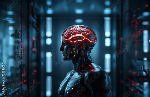 3d rendering humanoid robot in data center or server room with circuit board . photo