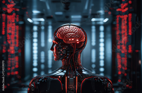 3d rendering humanoid robot in data center or server room with circuit board . photo