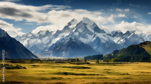 Panoramic view of the snow-capped mountains of New Zealand