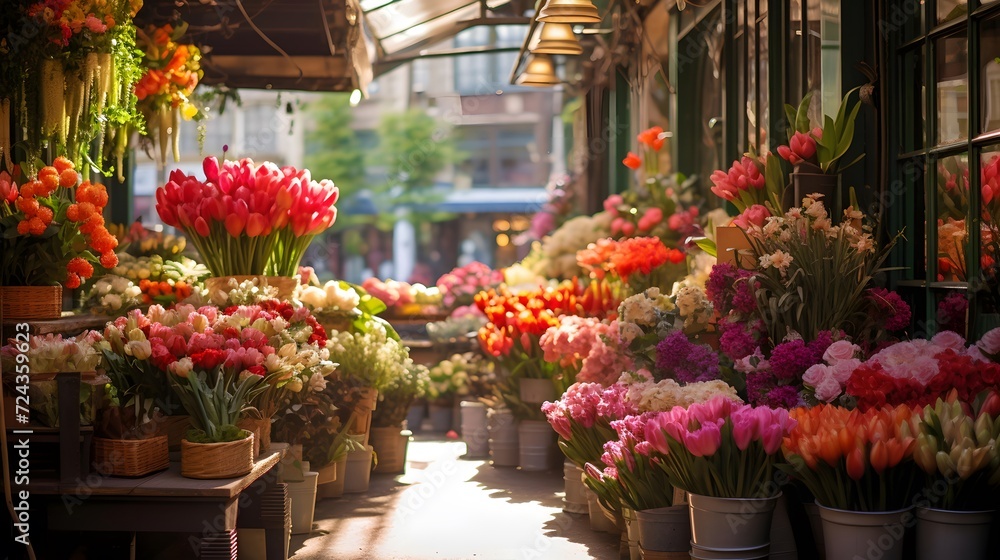 Flower shop in Paris, France. Bouquets of flowers in pots