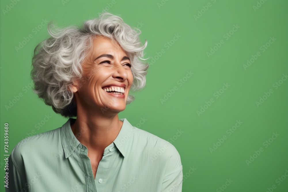 Portrait of happy smiling senior woman looking at camera against green background Portrait of happy smiling senior woman looking at camera against green background