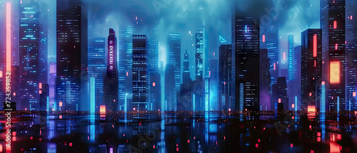 3d modern buildings in capital city with neon light reflection from puddles on street. Concept for night life, never sleep business district center , night cyberpunk city © Planetz
