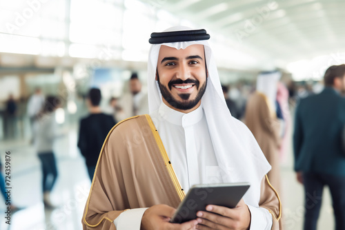 Smiling Arab Businessman Using Tablet in Airport Terminal. Global Business Travel Concept