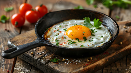 Tasty sunny side up egg on the pan, ready to serve for breakfast, view from above. copy space concept. photo