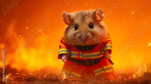Small Rodent Wearing Fireman Costume over Fire Background