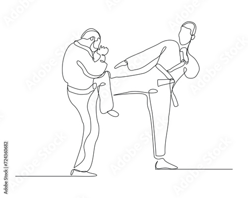 Continuous single line sketch drawing of young two man confident karateka in kimono practicing fight karate combat. One line traditional martial art sport training concept Vector illustration