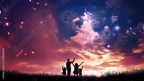 Silhouettes of a family looking up at colorful fireworks against the night sky
 photo