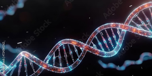 3d spiral DNA with imprinted abstract technology circuit board on dark background. Concept for genetic modification, biology, robotic organism, science. copy space