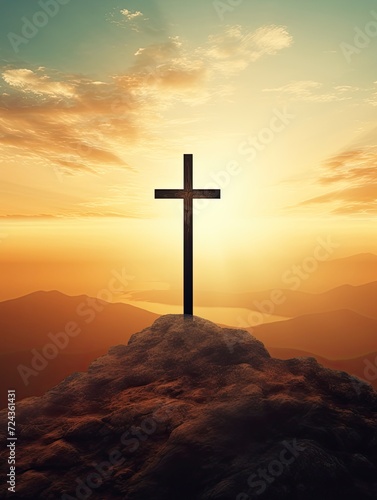 Easter and Good Friday concept, Empty tombstone with cross on mountain sunrise background, copy space - generative ai