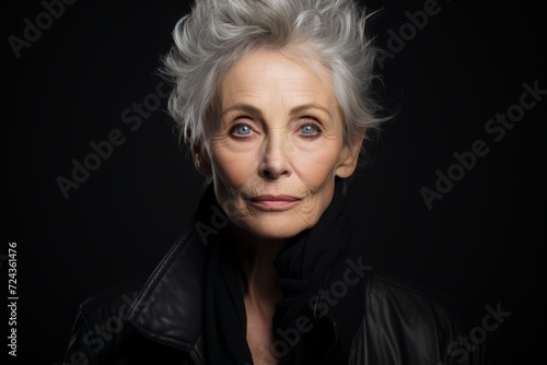 Portrait of a beautiful senior woman in a black jacket on a black background