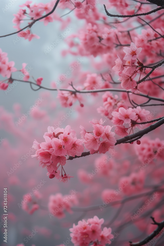 Pink Cherry blossom branch with sakura flower in the mist fog vertical Pink Cherry blossom branch with sakura flower in the mist fog vertical