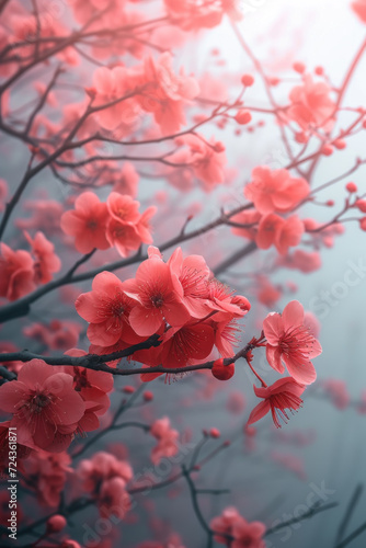 Red Cherry blossom branch with sakura flower in the mist fog vertical