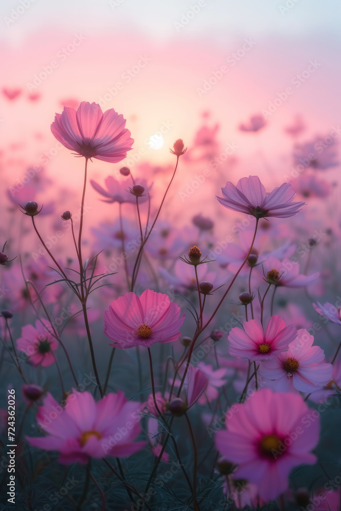 Colorful cosmos flowers in the mist and fog, vertical background Colorful cosmos flowers in the mist and fog, vertical background