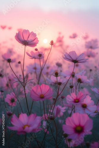 Colorful cosmos flowers in the mist and fog, vertical background