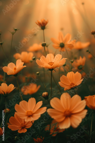 Orange cosmos flowers in the mist and fog, vertical background