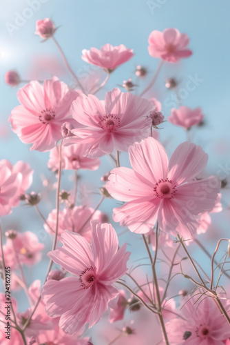 Pink cosmos flower in the mist and fog, vertical background