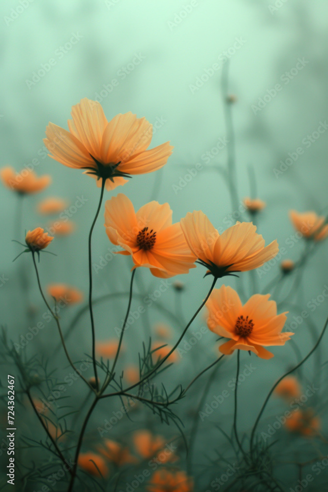 Fototapeta premium Orange cosmos flowers in the mist and fog, vertical background