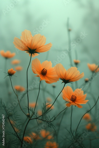 Orange cosmos flowers in the mist and fog, vertical background © Ema