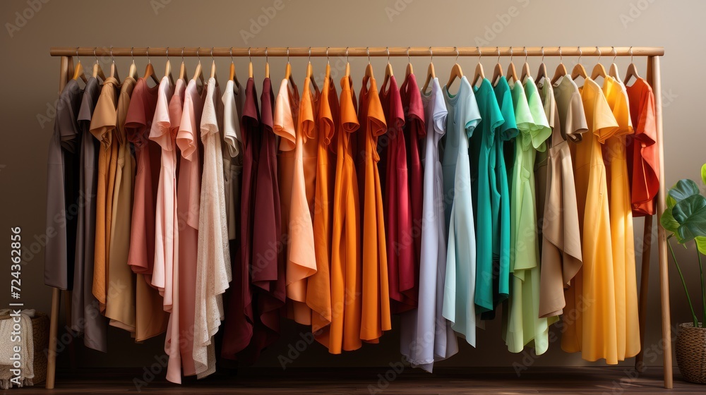 Colorful bright clothes hanging on hangers.