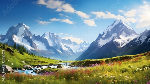 Panoramic view of the alps and meadows with flowers photo