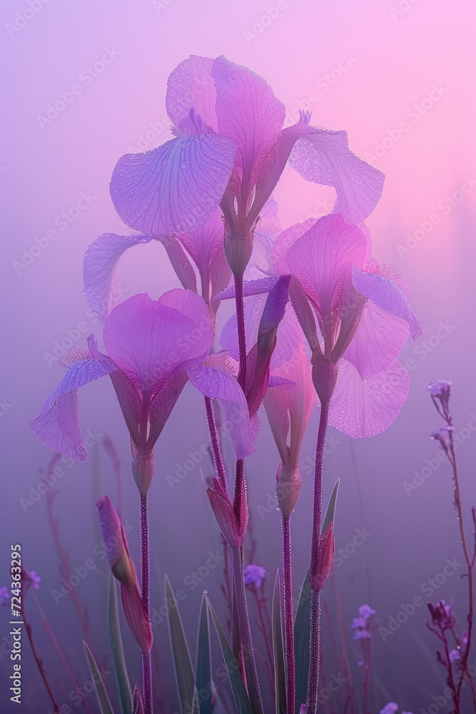 Obraz premium Purple iris flower in the mist and fog, vertical background