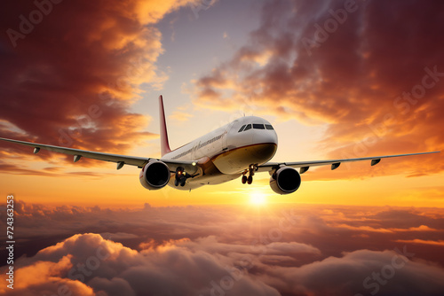 Commercial Airplane Flying at Sunset Above the Clouds. Air Travel and Transportation Concept