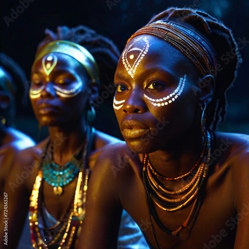 realistic portrait of two women with african tribe decorations