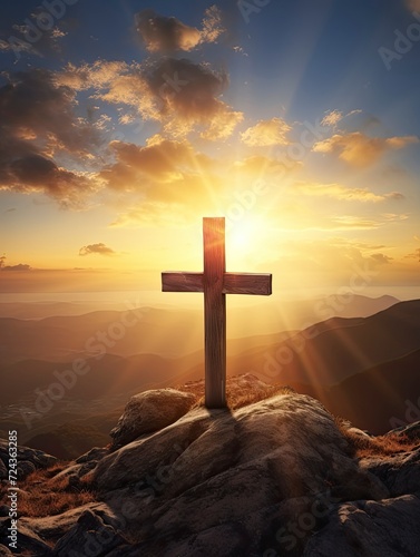 Easter and Good Friday concept, Empty tombstone with cross on mountain sunrise background, copy space - generative ai