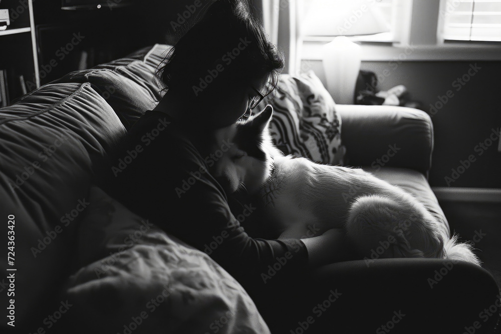 A black and white photograph capturing an intimate and peaceful moment between a person and their sleeping dog in a sunlit room.
A black and white photograph capturing an intimate and peaceful moment between a person and their sleeping dog in a sunlit room.