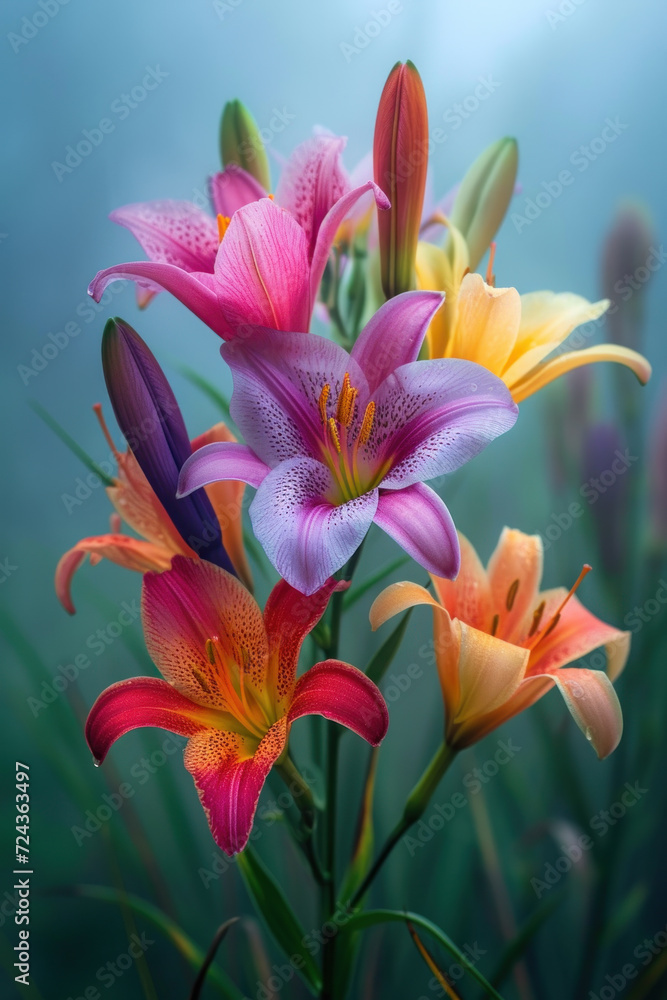 Colourful lily flower in the mist and fog, vertical background