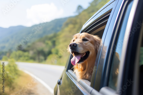Happy Golden Retriever Dog Enjoying a Car Ride on a Sunny Day. Pet Travel and Adventure Concept