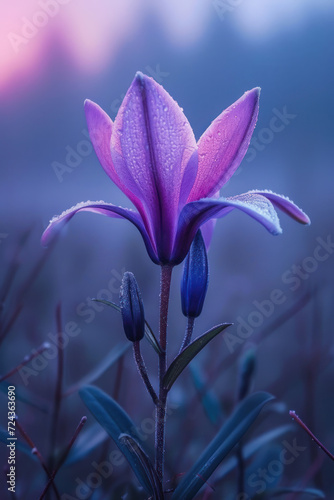 Purple lily flower in the mist and fog  vertical background